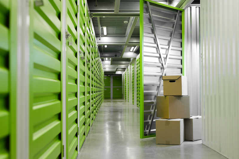 green storage lockers with boxes